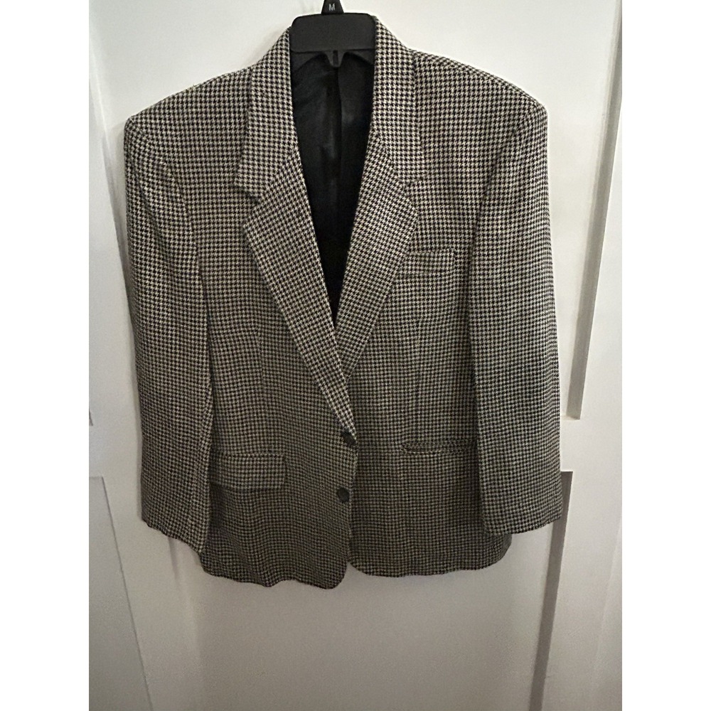 Vtg Carlo Briani Houndstooth Tweed Silk Sports Coat 42S Black White